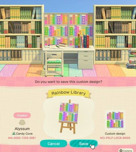 Acnh Bookshelf Design, Pink Bookshelves, Acnh Kidcore, Rainbow Library, Library Signs, Library Shelves, Acnh Ideas, Bookshelf Design, Classroom Design