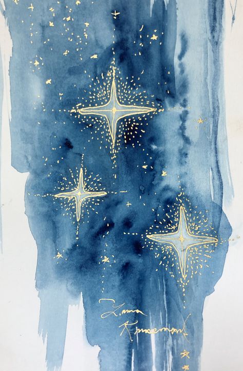 Watercolor and gold stars Stars Watercolor Painting, Celestial Art Watercolor, Watercolor Stars Sky, Watercolour Star Tattoo, Star Abstract Art, Abstract Star Painting, Christmas Star Watercolor, Star Watercolor Painting, Stars Illustration Art