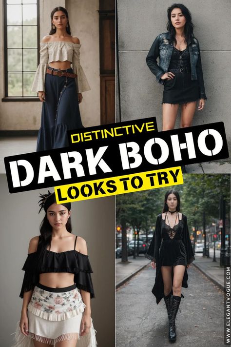 Dark Boho Outfit Ideas Gothic Chic Outfit, Dark Goddess Aesthetic Outfit, Goth Cruise Outfits, Dark Bohemian Outfits, Goth Brunch Outfit, Witchy Style Outfits, Hippy Goth Outfits, Bohemian Rock Style, Dark Boho Outfits