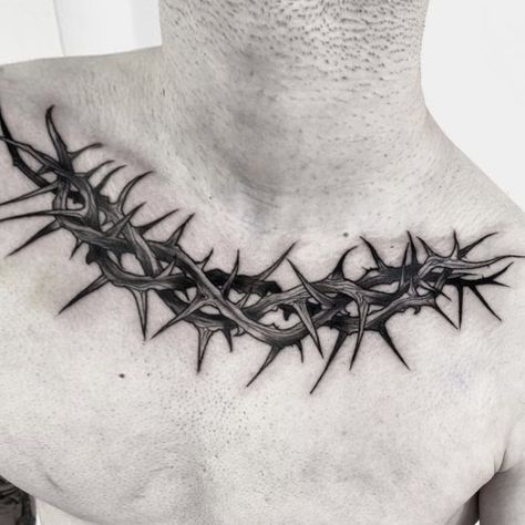 Thorns Chest Tattoo, Thorn Tattoo Men, Lucifer Tattoo, Collar Tattoo, Tatuaje Cover Up, Dark Lettering, Thorn Tattoo, Clavicle Tattoo, Art Inspired Tattoos