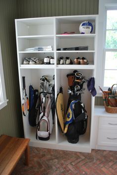 1000+ ideas about Sports Equipment Storage on Pinterest | Sports ... Lockers In Garage, Kids Shoe Organization, Sports Equipment Organization, Shoes Organization, Shoe Organization Diy, Sports Equipment Storage, Sports Locker, Golf Room, Sports Storage