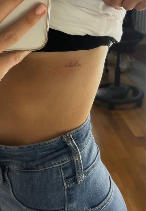 Small Aloha Tattoo, Hawaii Related Tattoos, Aloha Tattoo Ideas, Hawaii Fine Line Tattoo, Simple Hawaii Tattoo, Name Tattoo Ribs, A Hui Hou Tattoo, Dainty Hawaiian Tattoos, Aloha Tattoo Ideas Hawaii