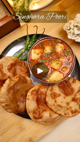 103K views · 5.8K reactions | Singhara Atta Poori with Aloo ki Sabzi 😍😍😍😍
.
Follow @chefamanbisaria for more Homemade Recipes ❤️❤️❤️❤️
.
Ingredients for making Navratri Thali ❤️❤️❤️
.
Singhara aata - 250 gms
salt - a pinch 
milk - 1 cup
Oil - for frying
.
Oil - 2 tbsp
jeera - 1 tsp
green chillies - 2 
tomatoes puree of - 4 tomatoes
senda namak - 1 tsp
boiled potatoes - 1 cup
water - as required
Coriander Leaves - a few
.
Thanks for watching @chefamanbisaria recipes ❤️❤️❤️
.
Join us on 💞💞💞💞
Youtube- Chef Aman Bisaria
Instagram - @chefamanbisaria
.
.
.
.
.
.
.
.
.
.
.
.
.
.
.
#aloopuri #food #indianfood #poorimasala #aloorecipes #navratrispecial #navratrifood #chefaman | Aman Bisaria | Tech Panda · Dilbar Navratri Food Recipes, Navratri Thali, Navratri Recipes, Aloo Recipes, Navratri Special, Coriander Leaves, Boiled Potatoes, Frying Oil, Thanks For Watching