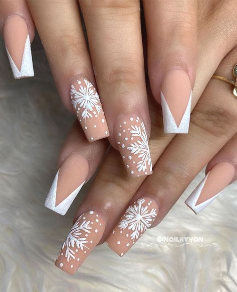 3. Nude Winter Nails If you are insisted to wear nude in winter, we have a pretty nude winter nails look that you could... French Nails With Christmas Design, Christmas Nails Nude Colors, French Tip Acrylic Nails Christmas, Acrylic Nails For Christmas, Nail Christmas Designs, French Tip Christmas Nail Ideas, Winter French Tip Nails, French Nails Christmas, French Christmas Nails