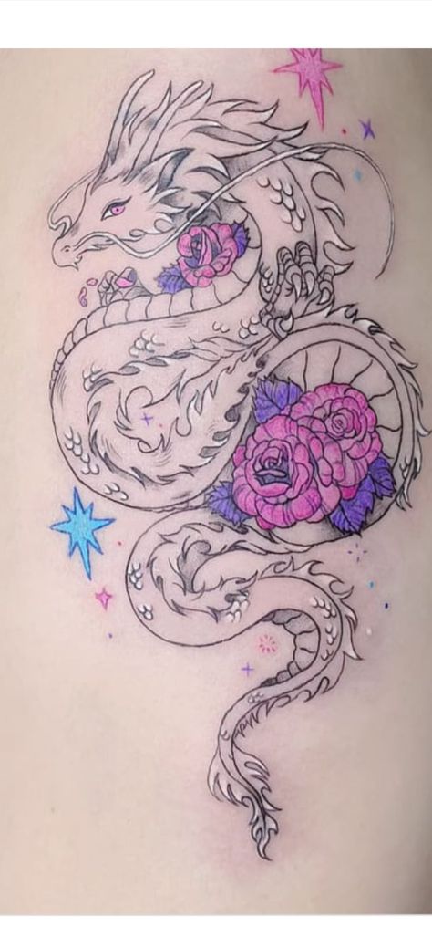 Dragon Flowers Tattoo, Dragon Tattoo For Women, Flowers Tattoo, Pink Petals, Baby Dragon, Dragon Tattoo, Drawing Art, Cute Tattoos, I Tattoo