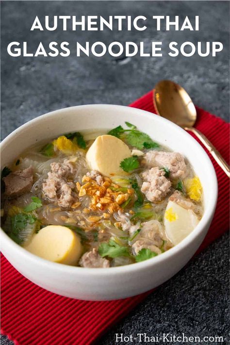 Classic Thai soup that's kid-friendly and can be easily made gluten free. Glass noodles, napa cabbage and tofu can be subbed for anything else you like! Thai Pork Noodle Soup, Filipino Noodle Soup, Thai Glass Noodle Soup, Thai Noodle Soup Recipes, Glass Noodle Soup Recipes, Thai Noodle Recipes, Thai Glass Noodles, Glass Noodle Soup, Korean Noodle Soup