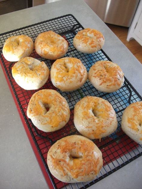 Everyone loves bagels, but have you ever made your own? Not me...until yesterday! I found the recipe on a blog, Cooking On Clover L... Bread Machine Bagels, How To Make Bagels, Wheat Free Bread, Bagel Bread, Bread Maker Recipes, Biscuit Rolls, Wheat Free Recipes, Bagel Recipe, Bread Making