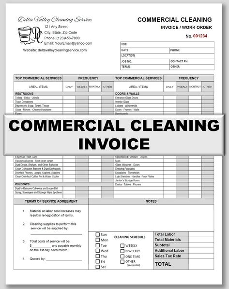 "You will enjoy using this Commercial Cleaning Invoice or Work Order designed by one of my wonderful Etsy clients! Designed by a professional cleaning specialist for professional use: You will find it simple and easy to use, meeting the daily needs of your top-quality commercial cleaning service. Focused on office cleaning: This Microsoft WORD (and PDF) template features an \"Offices\" and \"Windows\" category along with the regular, commercial cleaning list. Personalize the letterhead and fill Cleaning Service Supply List, Cleaning Like A Professional, Commercial Cleaning Services Prices, Commercial Cleaning Business Price List, Commercial Cleaning Business Pricing, House Cleaning Services Prices, Cleaning Pictures For Business, House Cleaning Business Pricing, Small Cleaning Business