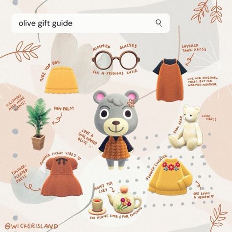 Acnh Villager Gift Guide, Olive Gifts, Leaf Animals, Animal Crossing Memes, Animal Crossing Guide, Animal Crossing Characters, Flower Sweater, Acnh Ideas, Animal Crossing Villagers