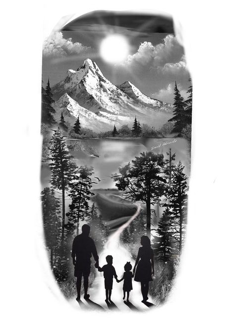 Nature Family Tattoo, Tattoo For Family, Mountain Sleeve Tattoo, Cool Nature Tattoos, Family Sleeve Tattoo, Natur Tattoo Arm, Berg Tattoo, Forearm Cover Up Tattoos, Outdoor Tattoo