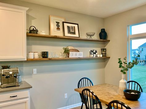 Shelving Above Dining Table, Dining Room Shelves, Kitchen Countertop Decor, Oak Floating Shelves, Countertop Decor, Dining Room Wall Decor, Kitchen Shelf, Small Dining, Dining Room Walls