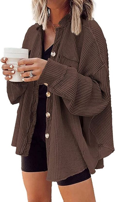 Cute brown button up sweater Batwing Sleeve Shirt, Oversized Button Down Shirt, Loose Blouse, Fall Jackets, Fall Fashion Outfits, Winter Outfits Women, Long Sleeves Jacket, Knit Outfit, Jacket Buttons