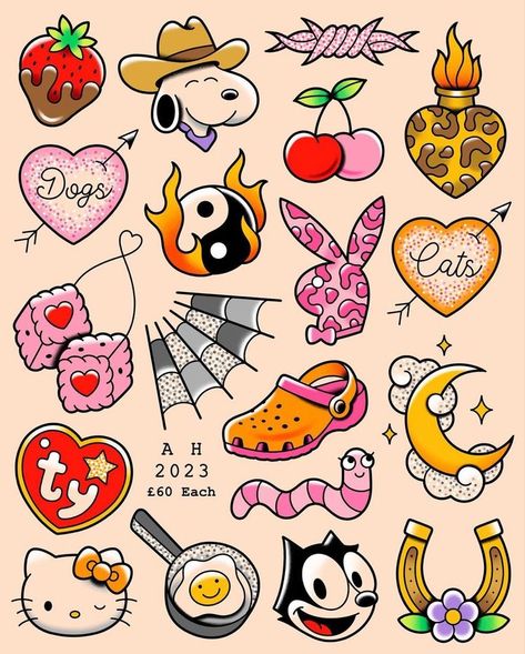 Cool Tattoo Flash Sheet, Cute Flash Sheet Tattoos, Cute Flash Tattoo Ideas, Cute Flash Tattoos Color, Lisa Frank Flash Tattoo, Black And Pink Sleeve Tattoo, Colored Flash Tattoos, Tattoo Sleeve Inspo Women, Patchwork Tattoo Ideas Color