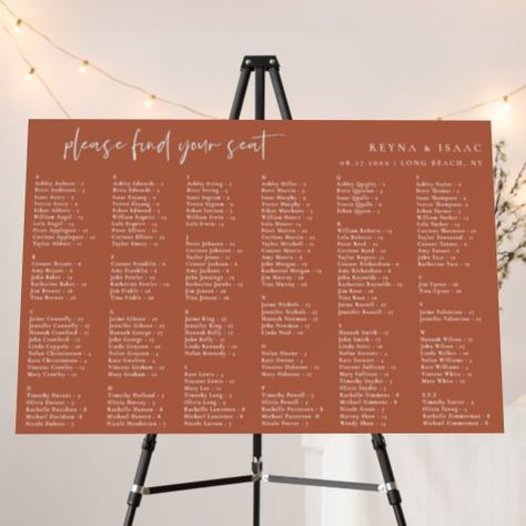 $69.55 | Minimalist Wedding Alphabetical Seating Chart #elegant typography, modern minimalist, boho chic, unique, script, wedding table list, alphabetical guest seating, please find your seat, rust orange, burnt Seating Chart By Last Name, Alphabetical Seating Chart, Table Seating Chart, Invitation Frames, Invitation Fonts, Board Template, Dusty Rose Wedding, Wedding Guest List, Orange Wedding