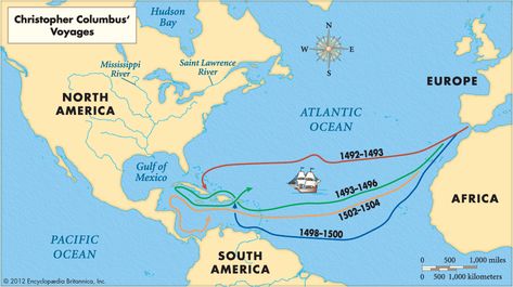 Columbus set out on his first of four voyages on August 3, 1492. Riding the trade winds westward across the Atlantic Ocean with the Nina, the Pinta, and the Santa Maria, Columbus landed on an island he called San Salvador, in the present-day Bahamas, five weeks after embarking from Spain. During this voyage, Columbus also explored the northeast coast of Cuba and the northern coast of Hispaniola, where he established the settlement of La Navidad. Christopher Columbus Projects, Columbus Map, Saint Lawrence River, 5th Grade Social Studies, The Oregon Trail, Christopher Columbus, Homeschool History, Teaching Social Studies, History Class