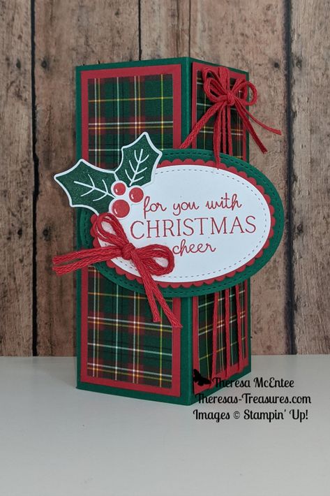 The Stampin' Up! Sweetest Time stamp set and Plaid Tidings Designer Series Paper make this Fun Fold "present" card that folds flat to mail. Colors are Shaded Spruce and Real Red. Ribbon is the Red Braided Linen Trim in the 2020 Mini Catalog. Complete instructions & measurements on my blog. #sweetesttime #christmasfunfold #stampinupchristmas #handmadechristmascards Stampin Up Christmas Cards, Christmas Tree Cards, Fold Cards, Tree Cards, Stampin Up Christmas, Christmas Cards To Make, Fun Fold Cards, Winter Cards, Card Tutorials