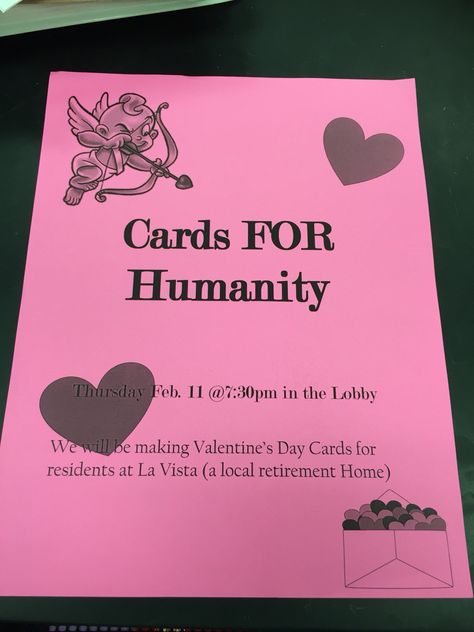 Cards for Humanity RA program. We made cards for a local retirement home and they were delivered on Valentine's Day. #RA #valentinesday #CA #reslife #programideas, #RAprograms February Ra Programs, Ra Valentines Day Program, Hosa Activities, Ra Educational Programs, Social Events Ideas, Dorm Activities Resident Assistant, Ra Ideas Programming, Ra Programming Ideas, Ra Program Ideas Activities College Students