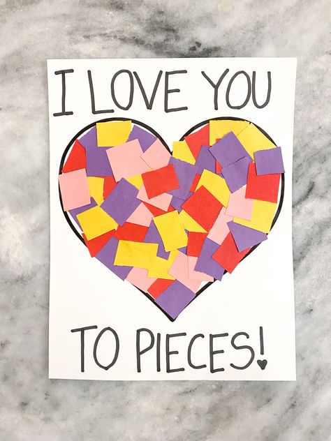 I love you to pieces Valentines Craft Love Art Preschool, Valentines Crafts Construction Paper, Heart Shaped Crafts For Toddlers, Love Crafts Preschool, Asl Valentines Crafts, Valentine Crafts For Prek, I Love My Family Craft Preschool, Heart Art Preschool, Love You To Pieces Craft