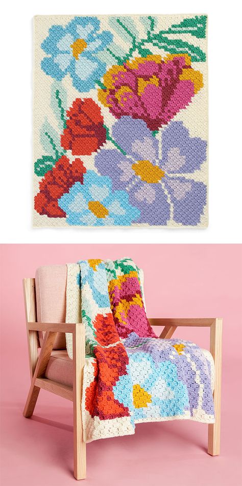 Fun And Sweet C2C Crochet Blankets - Pattern Center C2c Flower Blanket, C2c Crochet Flower Pattern Free, Crochet Flowers Blanket Free Pattern, C2c Graphgan Charts Free Flowers, Flower C2c Crochet Blanket, Ctc Crochet Blanket Free Pattern, Graphgan Crochet Blanket, Flower Knitting Patterns, Crochet Pattern Picture