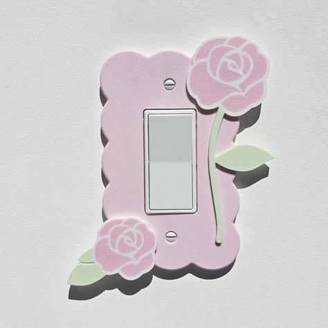 This listing is for a custom single pink cloud design light switch plate cover with pastel pink rose decoration design. This listing fits a single rocker switch but is available for single, double and triple rocker switch cover plates.  Perfect for toddlers room, kids room, nursery or anywhere a little creativity or brightness is wanted. Designed with pastel colors and a textured finish which shimmers in the light. Easy to install, just remove the old light switch cover and replace with your new Cute Switch Plates, Pink Light Switch Cover, Light Switch Covers Diy, Paris Room Decor, Girly Apartment Decor, Pink Room Decor, Cadeau Baby Shower, Hello Kitty Coloring, Pink Cloud