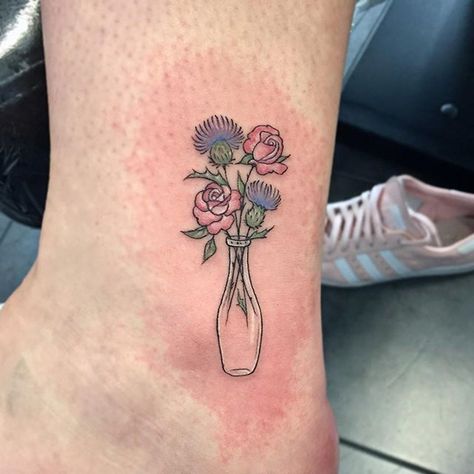 Fine Line Flower Vase Tattoo, Flower In Vase Tattoo, Vase Tattoos, Flower Vase Tattoo, Vase Tattoo, Flower In Vase, Side Wrist Tattoos, Small Matching Tattoos, Tattoos Meaning