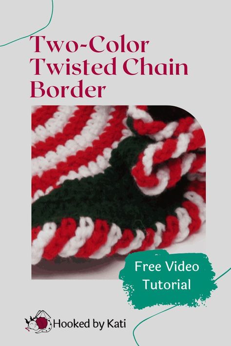 A Twisted Chain border is one of my favorite finishing touches for blankets and home decor items. It is whimsical and full of flair.Because it can be done in a classic red and white stripe, it is often called the “candy cane border.” Find out here with this free crochet video tutorial how to do this. #crochet2colortwistedchain #crochetborder #2colorcrochetborder #hookedbykati Twisted Crochet Edging, Crochet Christmas Border, Twisted Crochet Border, Candy Cane Border, Blanket Borders, Hekel Patrone, Xmas Crochet, Crochet Blanket Border, Christmas Crochet Blanket