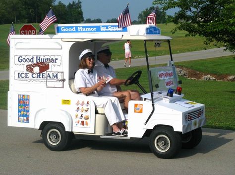 Ice-cream truck Ice Cream Golf Cart, Golf Cart Ice Cream Truck, Golf Cart Decorating Ideas Summer, Golf Cart Decorations, Good Humor Ice Cream, Gold Cart, Vending Cart, Villages Florida, Elegant Bar Stools