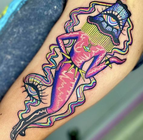 Trippie Tattoos, Groovy Tattoo, Lamp Artist, Lady Lamp, Peace Tattoos, Tattoo Vintage, Hippie Tattoo, Colorful Tattoos, Rainbow Tattoos