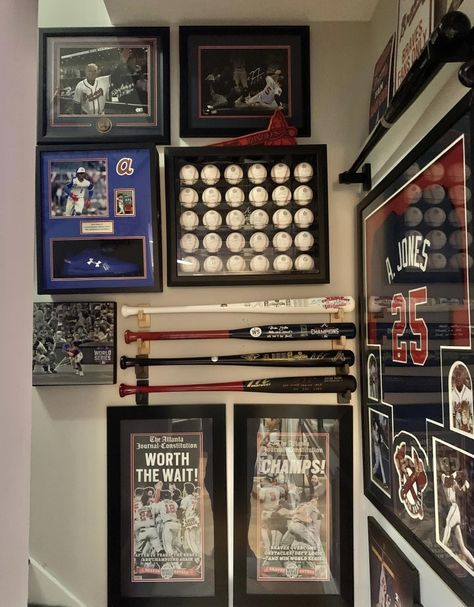 Gallery Wall Sports, Sports Themed Man Cave Ideas, Memorbillia Display Ideas, Sports Memorabilia Display Wall, Sports Theme Basement, Barbie Hotel, Sports Memorabilia Display, Memorabilia Wall, Baseball Theme Room