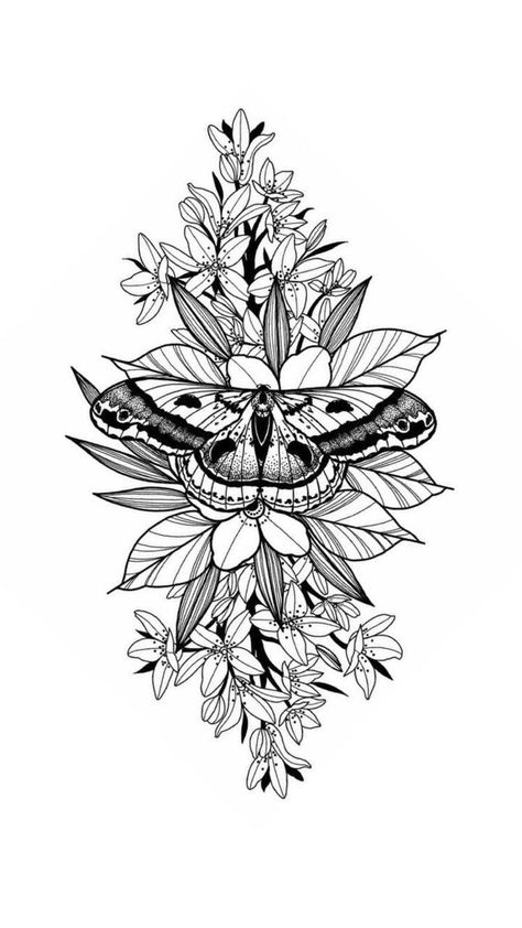 Moth Floral Tattoo Design, Plants And Butterflies Tattoo, Moth And Flowers Tattoo Design, Moth Lower Back Tattoo, Half Moth Half Flower Tattoo, Moth Flowers Tattoo, Moth Tattoo With Flowers, Moth Flower Tattoo, Moth Mandala Tattoo