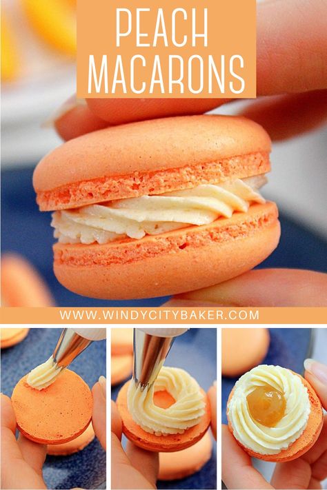 Peach Cobbler Macarons, Spring Macarons Flavors, Peach Macaron Filling, Peach Macaroons Recipe, Fruity Macaron Flavors, Macarons Fillings Recipe, Italian Macaroons Recipe, Italian Meringue Macaron, Macaroon Flavors Recipes