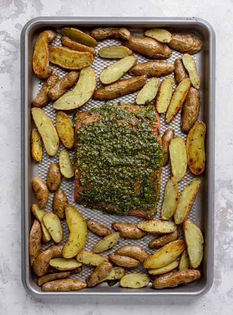 Sheet Pan Pesto Salmon with Lemon Thyme Potatoes Thyme Potatoes, Salmon And Potatoes, Salmon Sides, Seafood Night, Salmon Pesto, Sheet Pan Salmon, Parmesan Roasted Broccoli, Pan Salmon, Salmon With Lemon