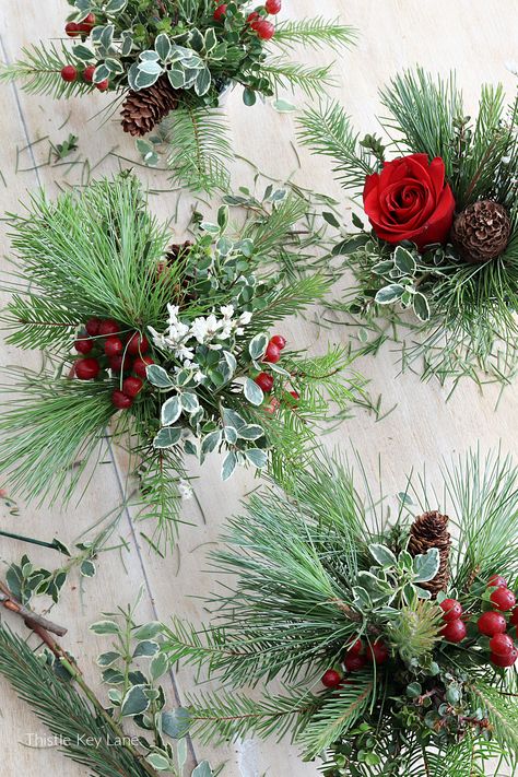 How To Make Mini Holiday Evergreen Arrangements - See how to create mini bouquets using a variety of evergreens, berries and pine cones. Pine Cone Arrangements Simple, Small Winter Floral Centerpieces, Christmas Evergreen Arrangements, Small Christmas Floral Arrangements Diy, Mini Christmas Floral Arrangements, Small Christmas Arrangements, Christmas Arrangements Diy, Evergreen Arrangements, Christmas Flower Arrangements Ideas