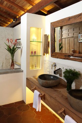 Reclaimed wooden bathroom - tropical - bathroom - other metro - Iwan Sastrawiguna Interior Design Rustic Spa Bathroom, Rustic Farmhouse Interior, Tropical Bathroom, Farmhouse Interior Design, Rustic Bathroom Designs, Bathroom Furnishings, Decor Baie, Wooden Bathroom, Rustic Bathrooms