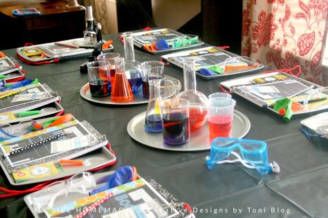 Science Themed Birthday Party Activities, Science Birthday Decorations, Emily Wonder Lab Birthday, Emily’s Wonder Lab Party, Science Experiment Birthday Party, Party Science Experiments, Experiment Birthday Party, Science Lab Experiments, Science Party Decorations