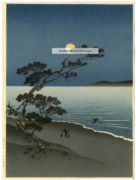 Arai Yoshimune Japanese Woodblock Print Suma Beach - Hasegawa Printing 1910 Prints photo Japanese Woodcut, Japanese Woodblock Print, Beach At Night, Japanese Art Prints, Japanese Artwork, Traditional Japanese Art, Japon Illustration, Japanese Landscape, Japanese Woodblock