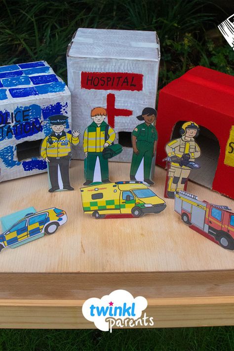 Looking for a fun craft to make with recycled materials? Twinkl's Gemma created this lovely play area using recycled boxes and materials. Perfect for children exploring the theme of emergency services. Follow the link to download your small world characters and start crafting with your little one today! #ThemedPlay #RecycledCraftsforKids #RecycledCrafts #EmergencyServices Community Helpers Theme, People Who Help Us, Recycled Crafts Kids, Community Helpers, Small World Play, Listening Skills, Fun Craft, Recycled Crafts, Emergency Service