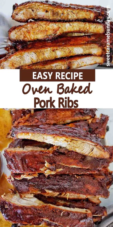 Oven baked pork ribs covered in sauce stacked on a white plate. Text is written between 2 images. Cook Ribs In The Oven, Pork Ribs In The Oven, Oven Baked Pork Ribs, Oven Pork Ribs, Ribs Recipe Oven, Pork Rib Roast, Bbq Ribs Recipe, Baked Pork Ribs, Sticky Ribs