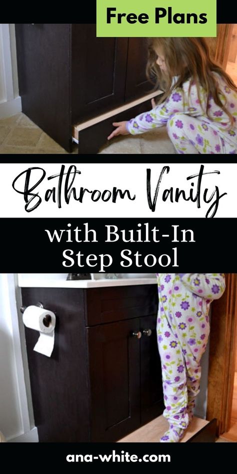 Built In Step Stool Bathroom, Built In Step Stool, Kid Friendly Bathroom, Bathroom Step Stool, Sand Projects, Kreg Jig, Pocket Hole Screws, Wood Filler, Diy Kitchen Cabinets