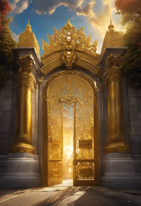 Gold gates heavenly Check more at https://paintlyx.com/gold-gates-heavenly/ Best Way To Store Potatoes, Fantasy Gate, Gates To Heaven, Beautiful Mansions, The Gates Of Heaven, Heavens Gate, Gold Gate, Gold Palace, Castle Doors