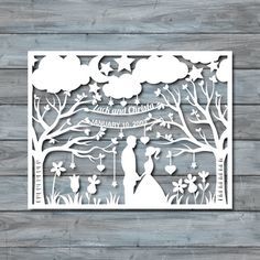 Beautiful wedding Papercut Template couple under the trees Template is Letter size PDF (8.5x11)  FOR PERSONAL USE ONLY  This means that you may cut the Paper Cut Art Templates, Paper Carving, Paper Cutout Art, 3d Paper Art, Paper Cut Design, Quilling Patterns, Cricut Craft Room, Art Template, Paper Cut Art