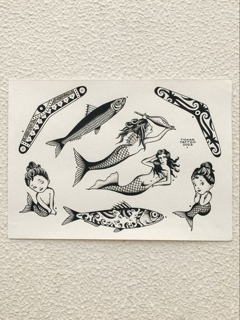 Traditional Fish Tattoo Old School, Old School Fish Tattoo, School Of Fish Tattoo, Traditional Fish Tattoo, Boomerang Tattoo, Fish Tattoo Traditional, Traditional Mermaid Tattoos, American Style Tattoo, Surf Tattoo