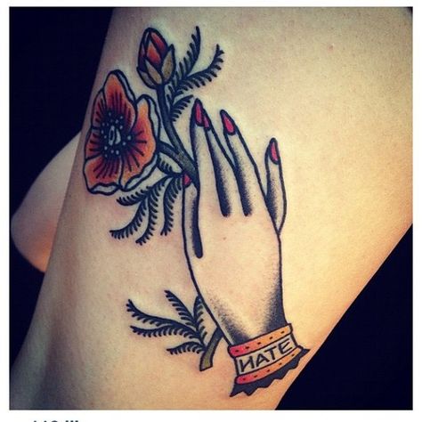 humanswithtattoos: Hilary Fisher White Oregon Tattoo, Traditional Tattoo Woman, Traditional Hand Tattoo, Traditional Tattoo Flowers, Newport Oregon, Lavender Tattoo, Bottle Tattoo, Tattoos For Lovers, Modern Tattoos