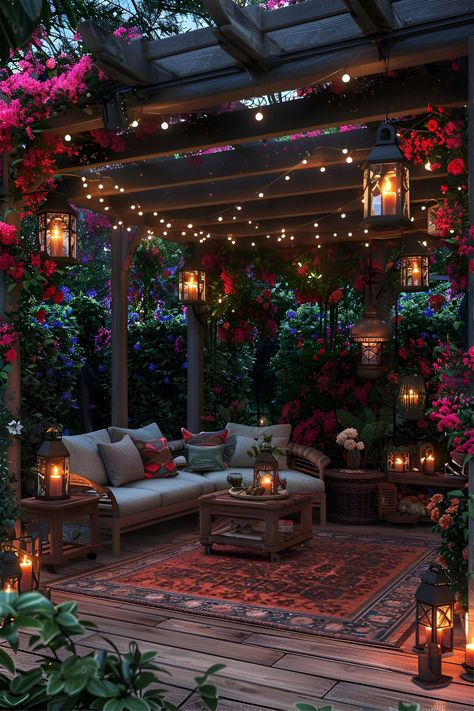 Sims Rooftop, Cabin Patio Ideas, Pergola Decorating Ideas, Colourful Gardens, Garden Seating Ideas, Rooftop Decor, Cabin Patio, Rooftop Ideas, Outdoor Awnings