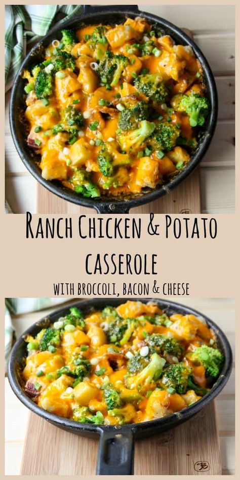 This Ranch Chicken and Potato Casserole with broccoli, bacon, and cheese is comfort food at it's finest and made all in one pan. Chicken Broccoli And Potato Bake, Chicken Potatoes Broccoli Bake, Chicken Bacon Ranch Potato Skillet, Chicken Potato Broccoli Bake, Ranch Chicken Potato Casserole, Chicken Potatoes Broccoli, Chicken And Potato Casserole, Casserole With Broccoli, Protein Dishes