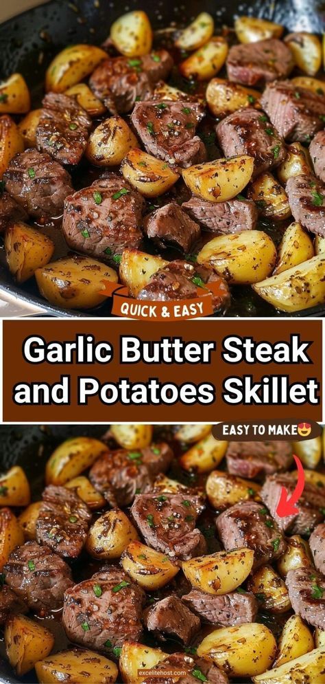 If you are looking for a new, special, and tasty recipe for your dinner then you will love the garlic steak butter and potatoes skillet. It is perfect for date nights, romantic evenings, family dinners... Easy Dinner Recipes With Steak Meat, Beef Tips And Potatoes Skillet, Dinners For A Family Of 6, Garlic Steak And Potatoes Skillet, Garlic Stake And Potatoes, Steak And Potatoes Skillet Recipes, Steak Medallions With Potatoes, Steak And Potato Dinner, Meals With Fried Potatoes