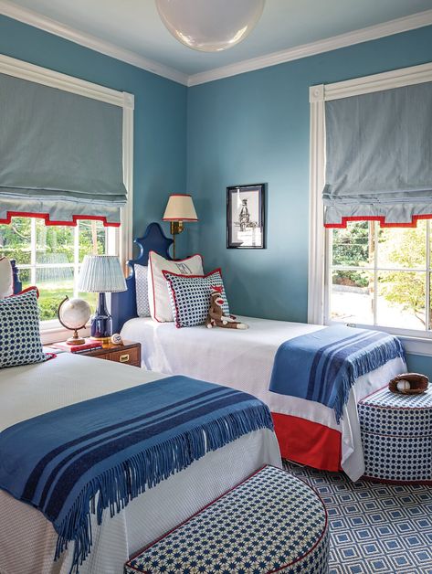 Americana Bedroom Aesthetic, Southern Guest Room, Grandmillenial Boys Bedroom, Kids Room Two Twin Beds, Toddler Bed And Crib Shared Room, Traditional Boys Room, Preppy Boy Room, American Boys Room, Preppy Boys Room