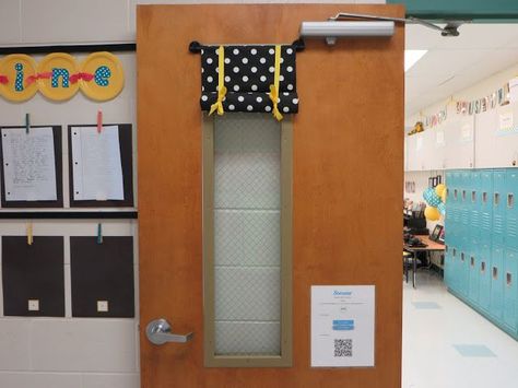 Easy "lock down" door cover (isn't it terrible we have to have such a thing?). Command hooks, a painted dowel, fabric (with iron-on hem tape), and ribbon to keep the curtain up when not is use. School Door Window Curtain, Classroom Door Curtain Safety, School Door Window Covering, Classroom Door Window Covering Ideas, Classroom Door Window Cover Diy, Classroom Door Window Cover, Classroom Door Curtain, Kindergarten Classroom Door, Classroom Curtains