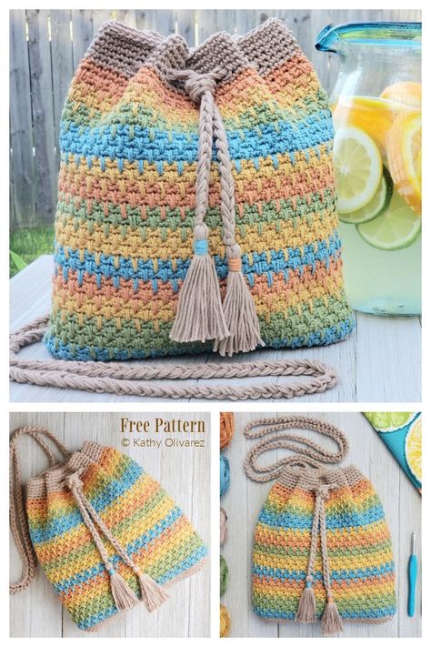 Crochet Bag Pattern Free Easy Handbags, Crochet Drawstring Bag Pattern Free, Crochet Purses And Bags Patterns Free, Crochet Gift Bag, Free Crochet Bag Patterns, Bucket Bag Pattern, Crochet Drawstring Bag, Drawstring Bag Pattern, Crochet Backpack Pattern