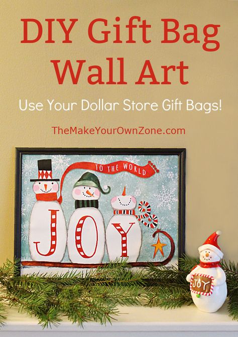 DIY Gift Bag Wall Art Gift Bag Pictures, Gift Bags In Picture Frames, Recycle Picture Frames, Christmas Gift Bag Picture Frame, Framed Gift Bags, Gift Bag Picture Frame, Christmas Decor Picture Frames, Dollar Tree Gift Bag Crafts, Dollar Tree Picture Frame Crafts